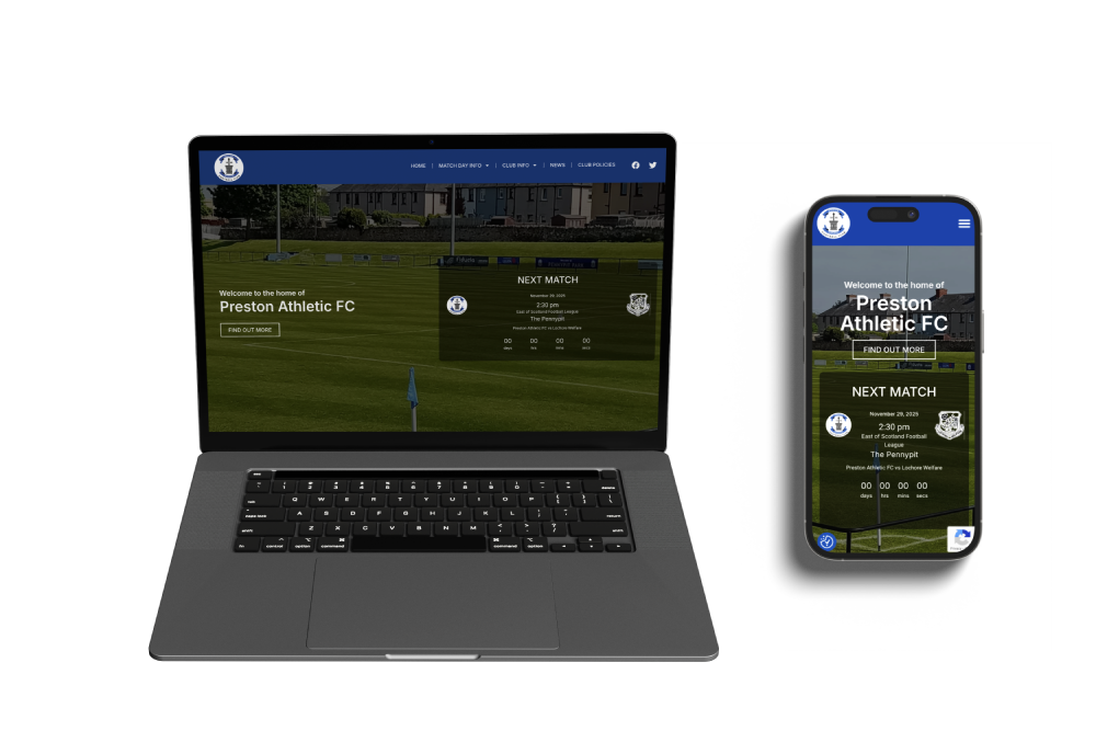 A website mokup of the P{reston Athletic FC homepage on a laptop and mobile phone