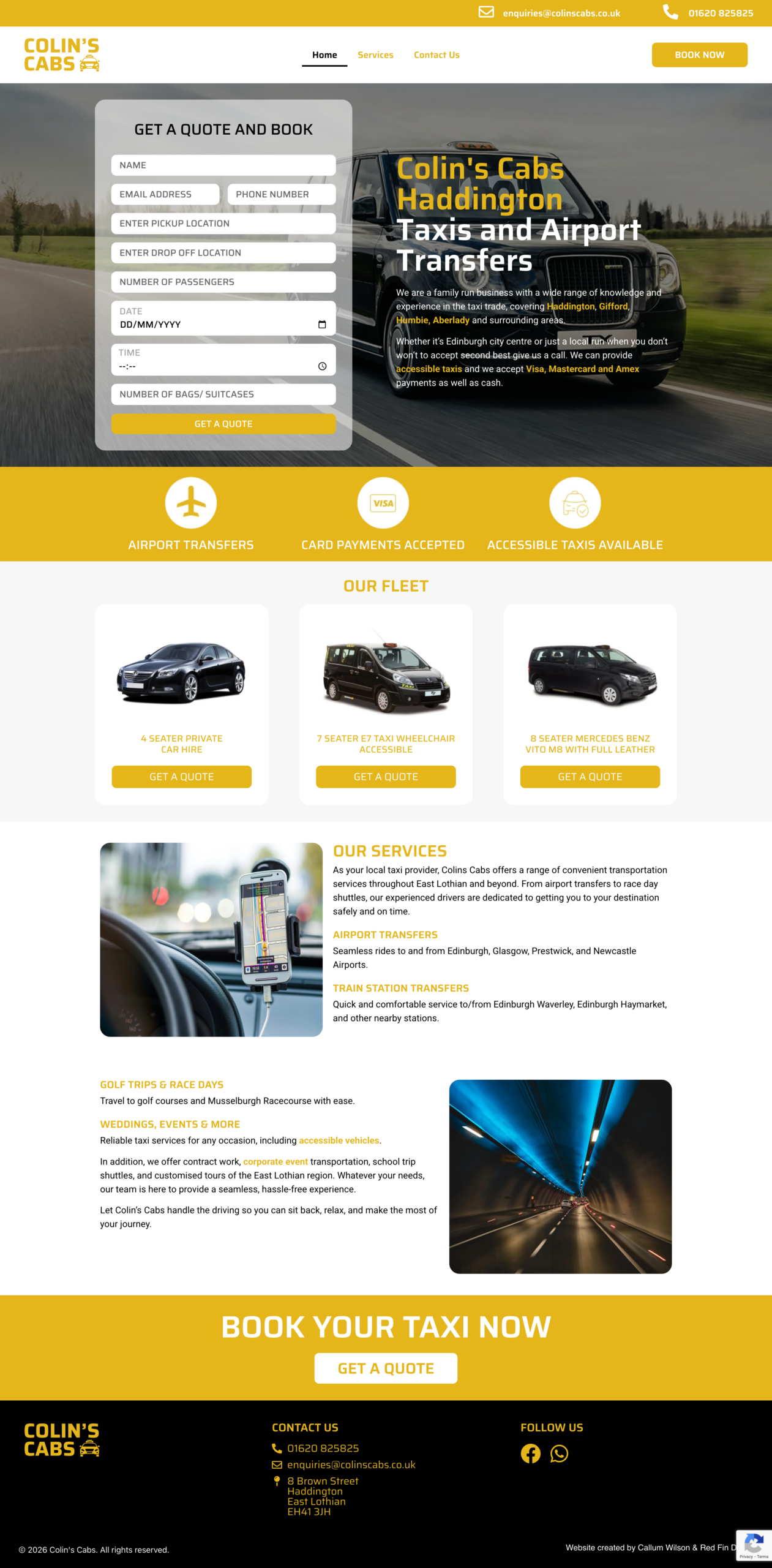 A screenshot of the colin's cabs website