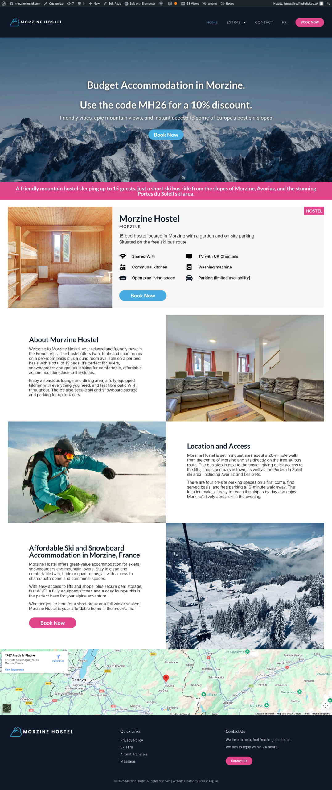 a screenshot of the morzine hostel website homepage