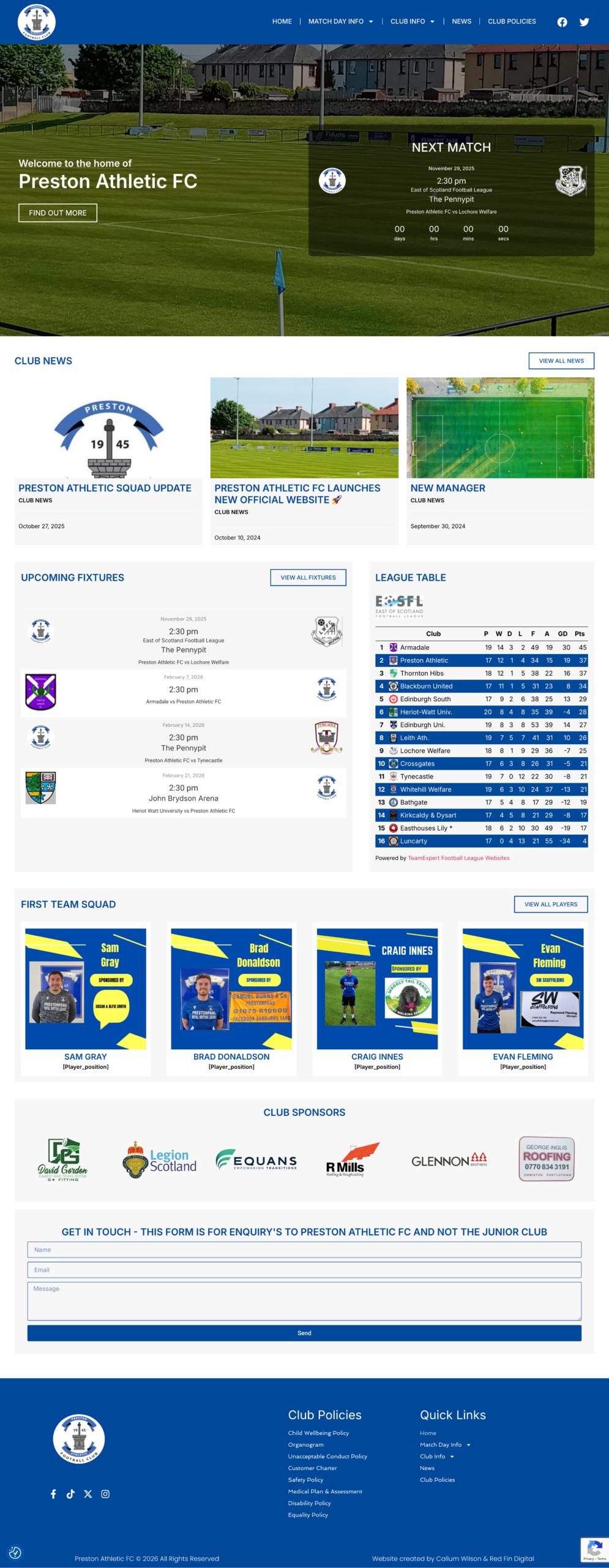 a screenshot of the Preston Athletic home page