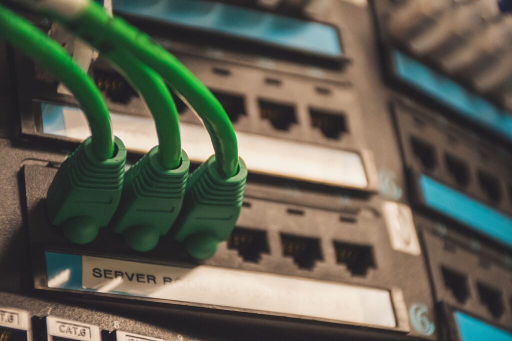 Green ethernet cables leading to a hosting server