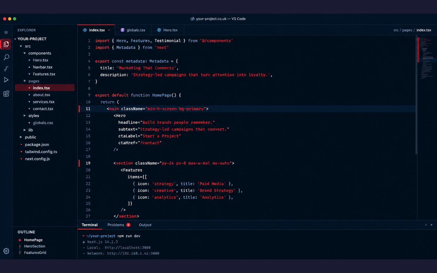 An example of a code editor or IDE, a navy background with white and red accents, displaying coded text
